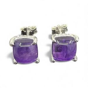 Natural Purple Amethyst Cabochon Stud Earrings 925 Sterling Silver Handmade